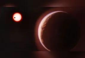 Ilustração do LHS 1140b orbitando sua estrela