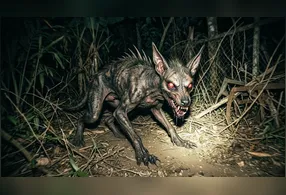 Imagem criada por IA com base no relato de testemunha em Craíbas, que descreveu o animal como tendo "estrutura de cachorro", garras incomuns e aparência "parecida com lobisomem".