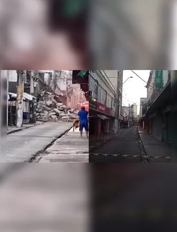 Área foi isolada após o desabamento da fachada de um prédio histórico no centro comercial de Belém.