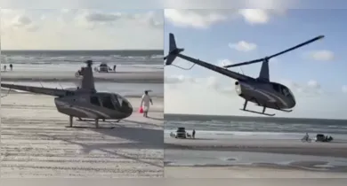 Helicóptero pousa na praia do Farol Velho em Salinópolis