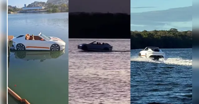 Imagem ilustrativa da notícia Carro conversível chama atenção ao navegar pela água