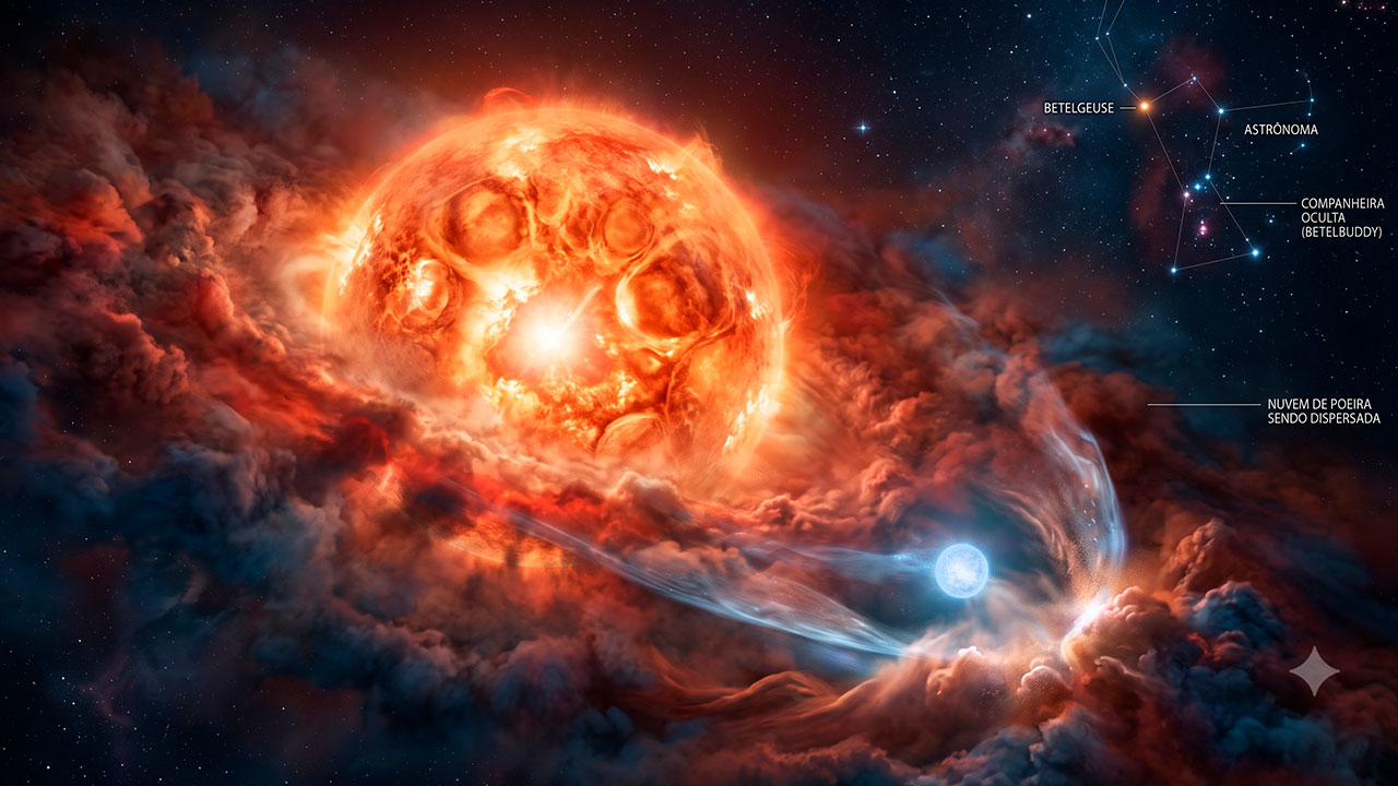 Ilustração artística retrata a supergigante vermelha Betelgeuse ao lado de sua estrela companheira oculta, responsável por dispersar a poeira cósmica ao seu redor.