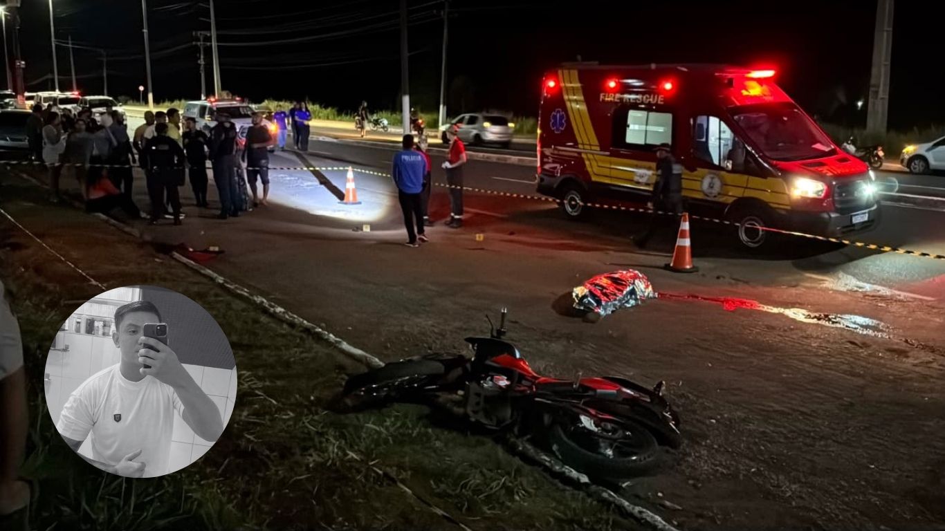Motociclista colidiu com carro de passeio ao tentar atravessar o canteiro central em trecho com iluminação prejudicada.