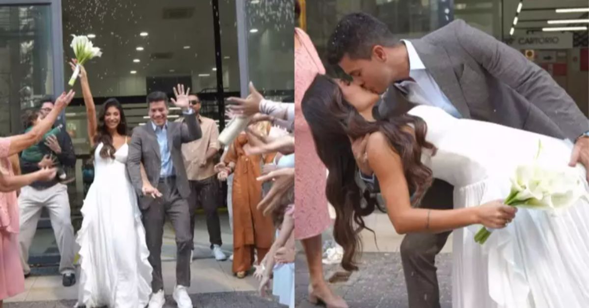 Depois da formalização do casamento, o casal recebeu a tradicional chuva de arroz dos convidados e trocou um beijo longo na saída, em celebração ao novo status.