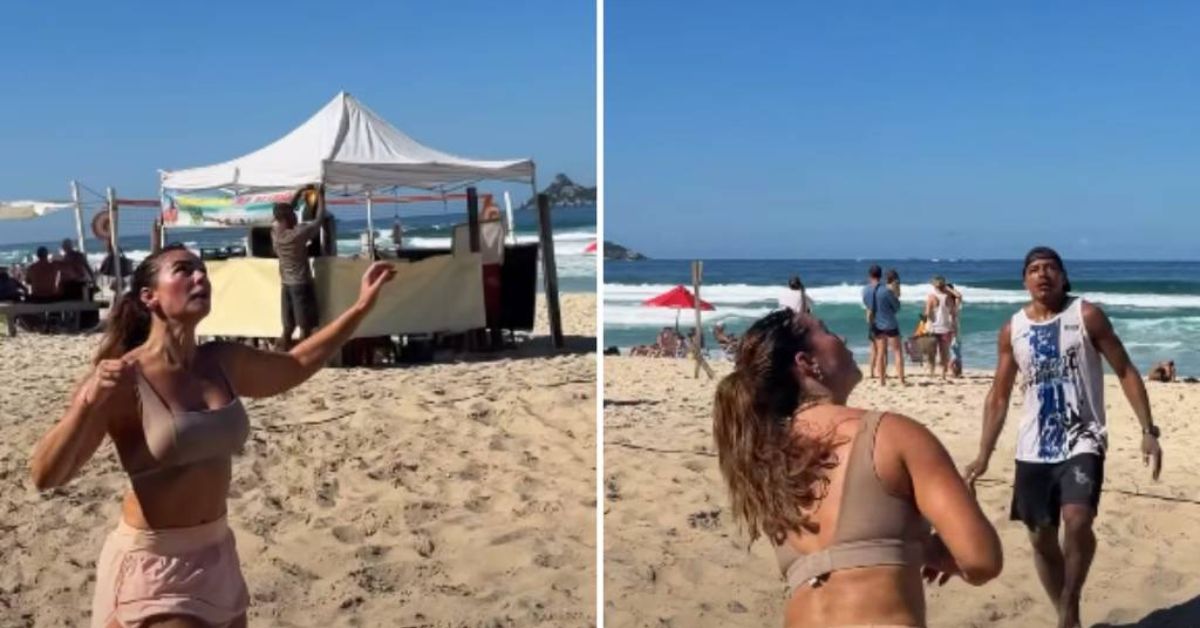 No vídeo, Paolla aparece usando um conjunto esportivo rosa, formado por top e short-saia.