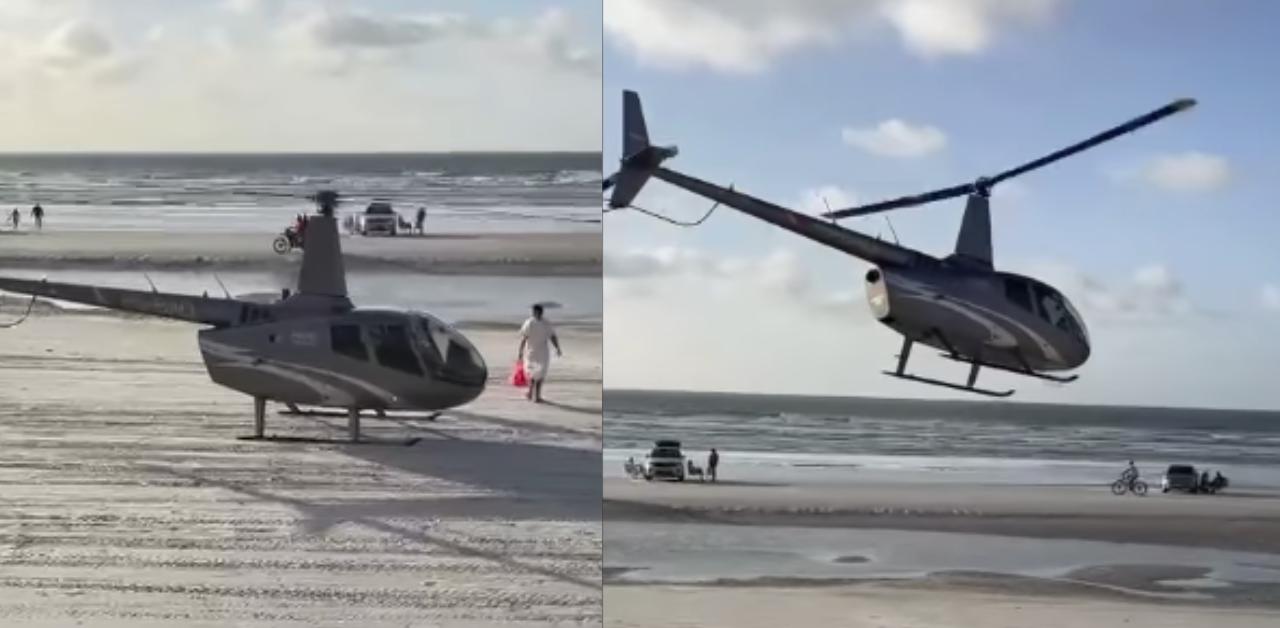 Helicóptero pousa na praia do Farol Velho em Salinópolis