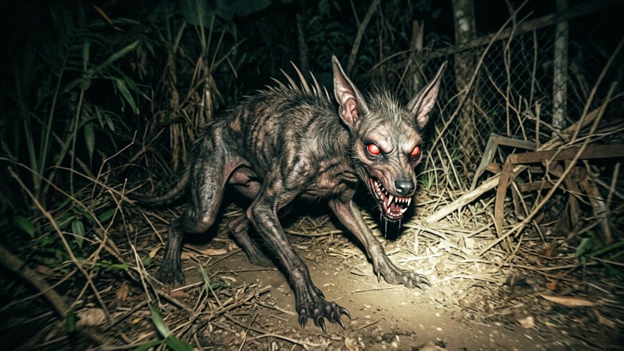 Imagem criada por IA com base no relato de testemunha em Craíbas, que descreveu o animal como tendo "estrutura de cachorro", garras incomuns e aparência "parecida com lobisomem".