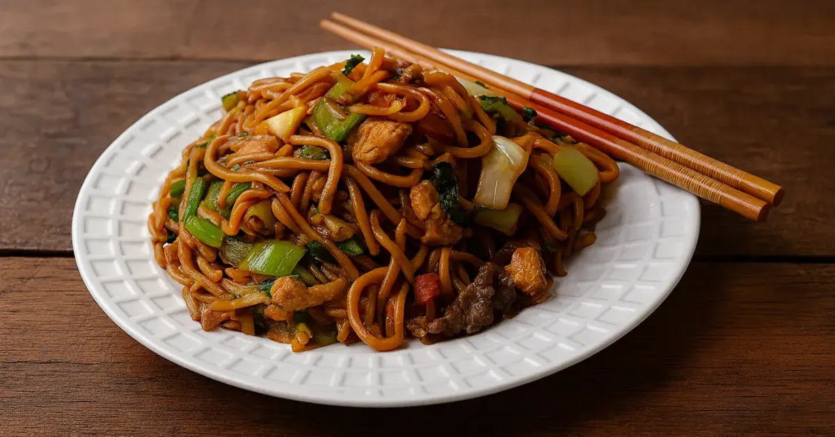 Yakissoba caseiro preparado com espaguete, carne, legumes e molho shoyu é uma opção prática para o almoço ou jantar.