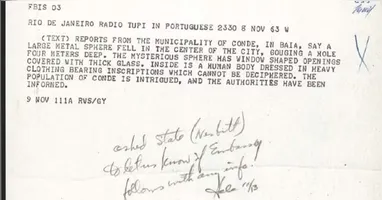 Documento liberado pelos Estados Unidos registra investigação sobre suposto OVNI avistado na Bahia em 1963.