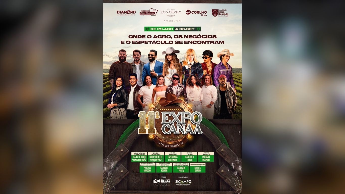 Com entrada gratuita na pista, feira agropecuária em Canaã dos Carajás terá rodeio, palestras técnicas e shows nacionais entre 29 de agosto e 6 de setembro.
