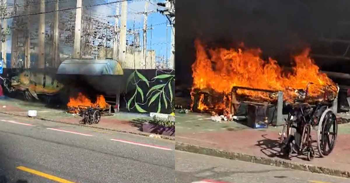 Incêndio atinge homem em situação de rua em Belém, destruindo seus pertences e deixando-o ferido.