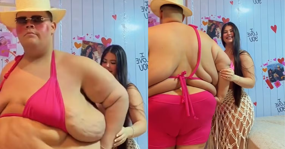 Gordão da XJ brinca com a noiva ao usar biquíni rosa e mostra parte da transformação após perder cerca de 130 kg.