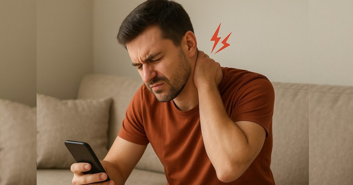 O pescoço de texto pode estar relacionado ao uso prolongado do celular com a cabeça inclinada; pausas e mudanças de posição ajudam a reduzir a sobrecarga.