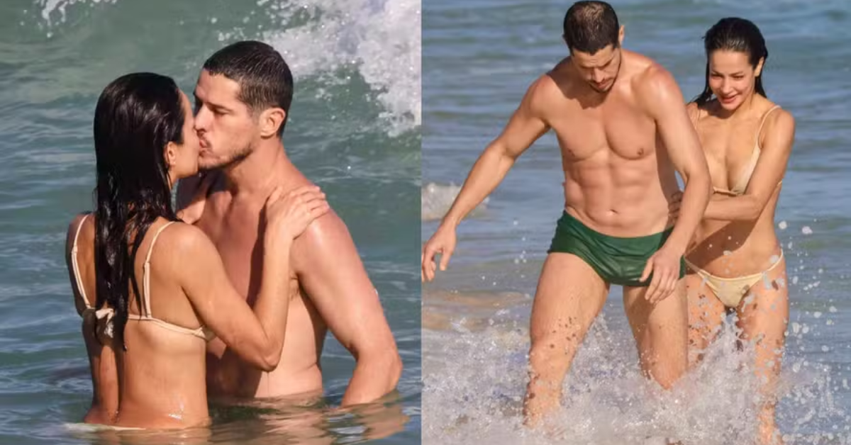 José Loreto e Nanda Marques aproveitaram um dia de praia no Rio de Janeiro e trocaram beijos e carinhos durante o passeio à beira-mar.