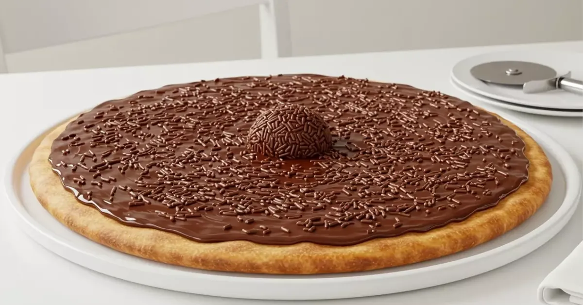 Pizza de brigadeiro combina massa dourada, cobertura cremosa de chocolate, granulado e morangos em uma sobremesa fácil de preparar.