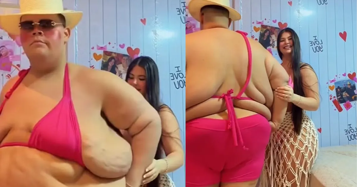 Gordão da XJ brinca com a noiva ao usar biquíni rosa e mostra parte da transformação após perder cerca de 130 kg.