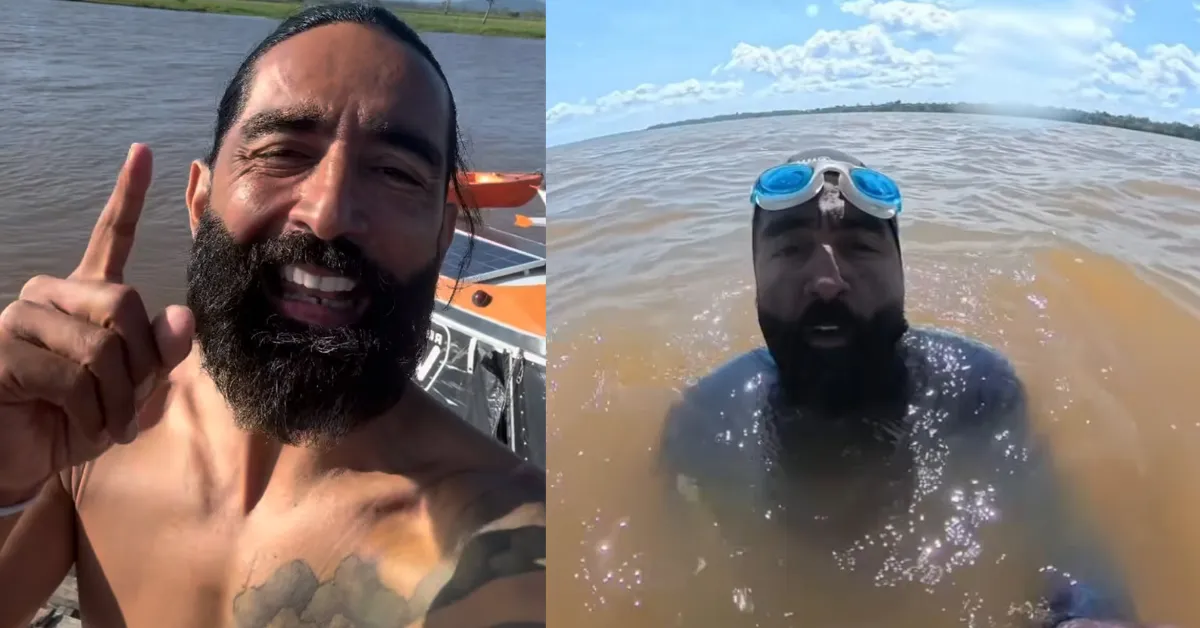 O ativista colombiano Wilber Honório Muñoz, de 45 anos, conhecido como “Homem-Peixe”, nada pelo rio Amazonas com destino a Belém para chamar atenção para a poluição dos rios e a preservação da Amazônia.