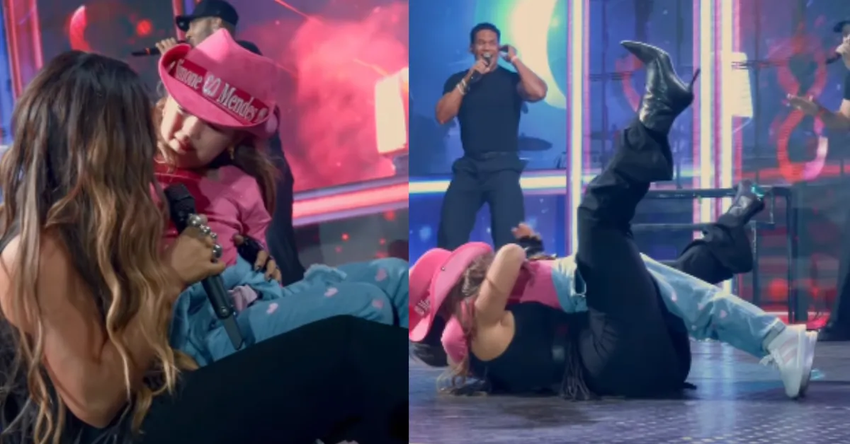 Simone Mendes caiu no palco após receber o abraço de uma fã mirim, mas não se machucou e continuou o show com a criança no colo.
