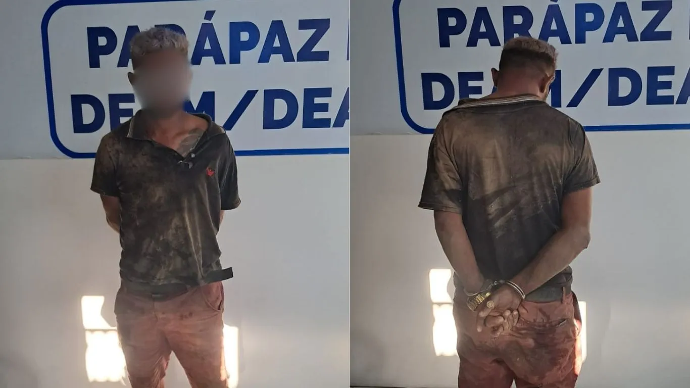 Suspeito de violência doméstica tentou fugir por área de mata, mas foi contido pelas equipes do 4º BPM.
