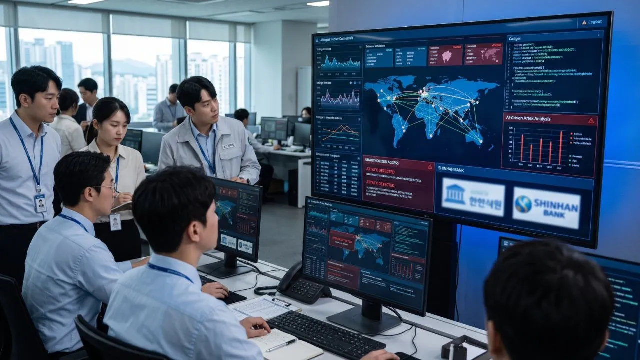 Painel digital exibindo códigos e sistemas de proteção cibernética. Ferramentas de IA generativa vêm sendo utilizadas por criminosos para automatizar a busca por vulnerabilidades em sistemas globais.