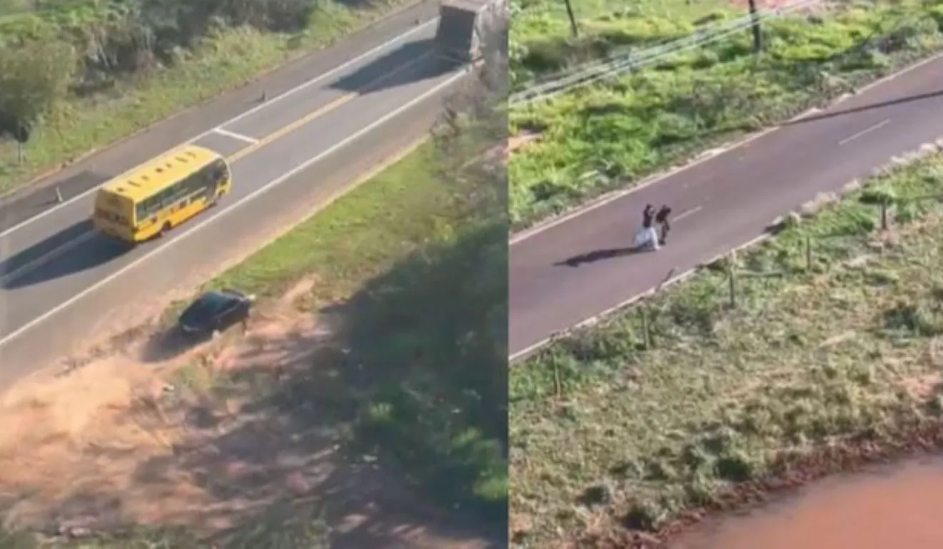 As imagens mostram a fuga no veículos e depois os adolescentes correndo