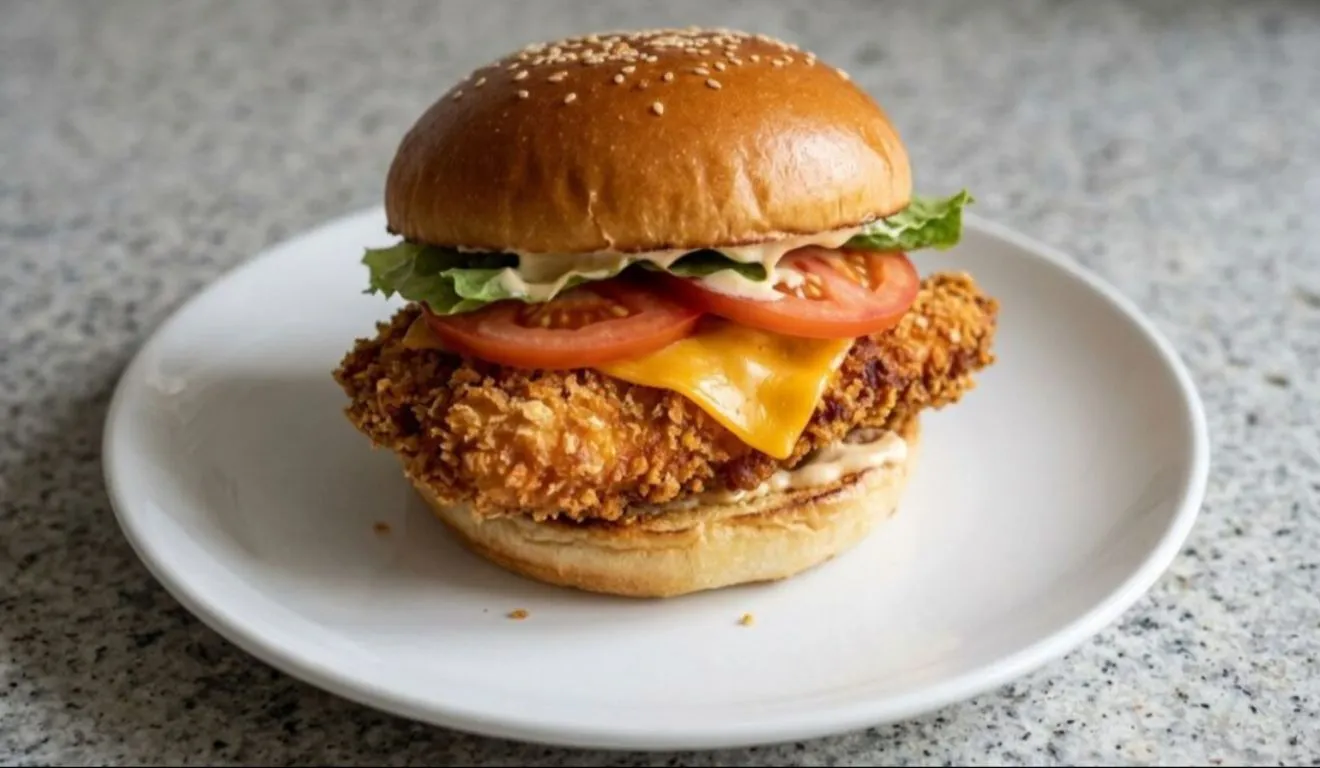 Com uma casquinha dourada e crocante, frango bem temperado, queijo derretido e molho especial, o sanduíche fica com aparência e sabor de hamburgueria.