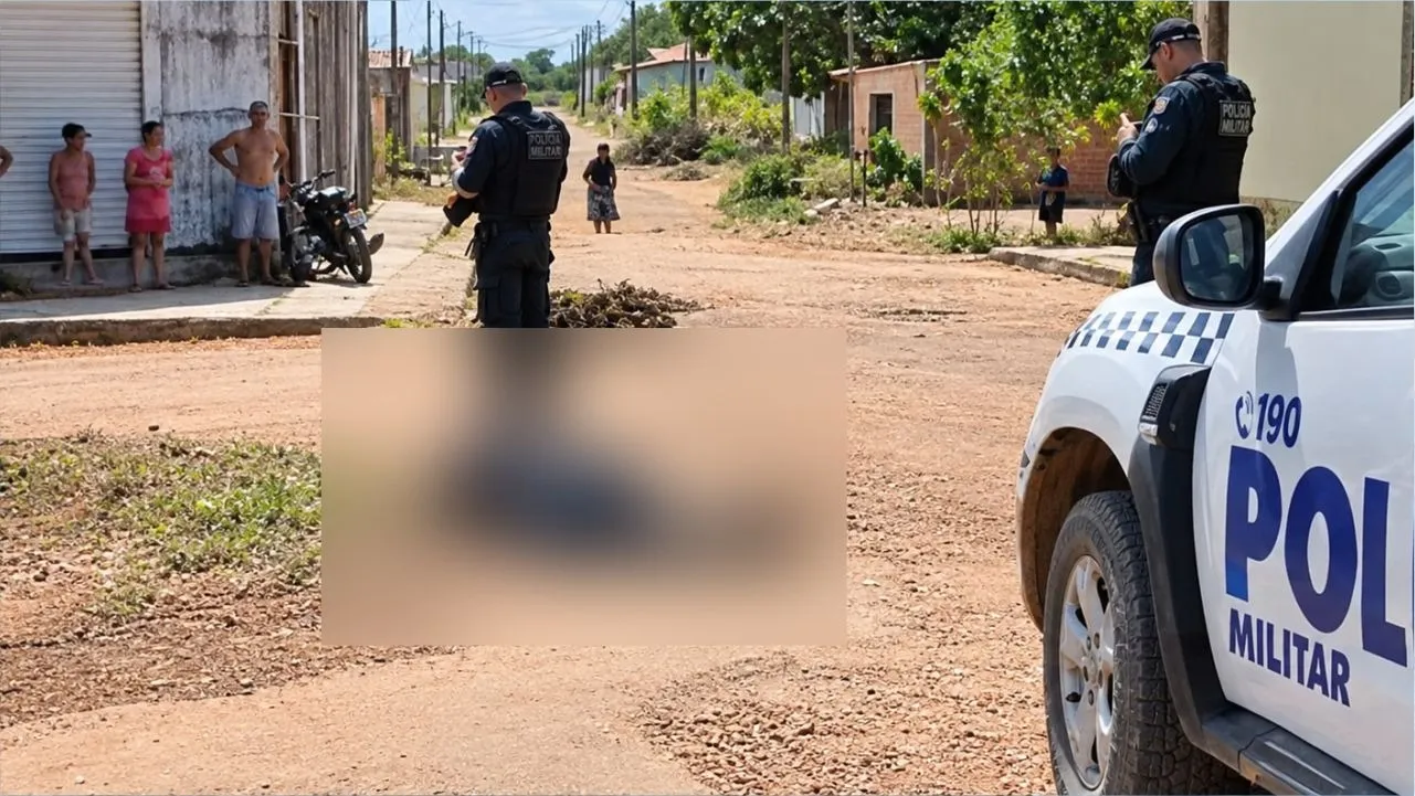 O corpo da vítima ficou no local após os tiros que tiraram a vida. Moto foi levada.