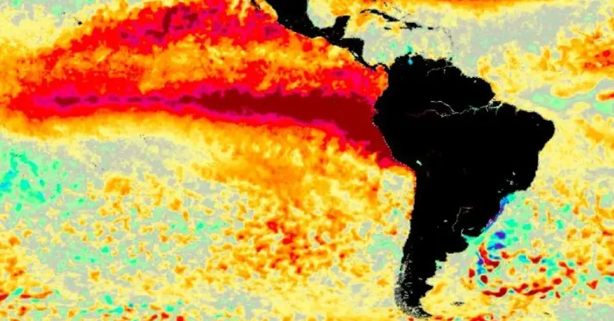 Imagem de satélite mostra extensa faixa de águas acima da temperatura normal no Oceano Pacífico Equatorial, condição associada ao fenômeno El Niño. Diante das projeções para 2026 e 2027, o Governo do Pará declarou alerta climático e ambiental preventivo em todo o Pará.