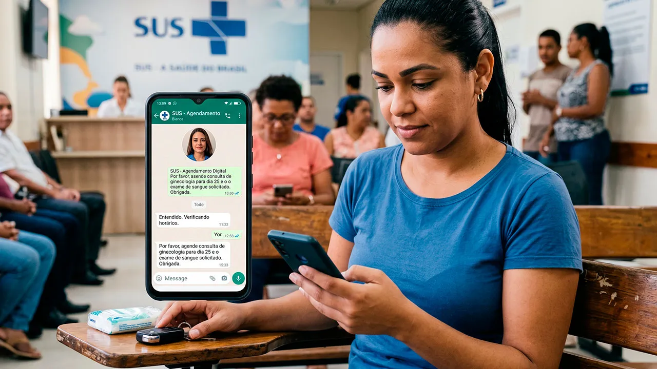 Paciente visualiza notificação de confirmação de atendimento médico pelo SUS no smartphone.