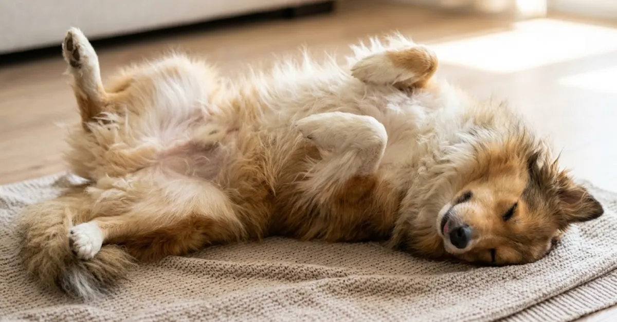 Cachorro dormindo de barriga para cima pode estar buscando conforto, aliviando o calor ou simplesmente relaxando em um ambiente onde se sente seguro.