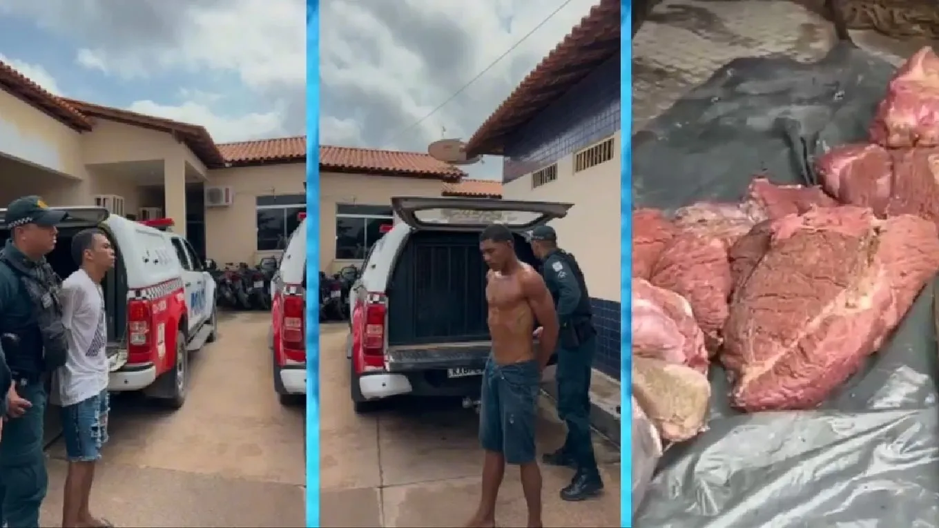Os suspeitos e as carnes oriundas do abate do touro foram apresentados na delegacia