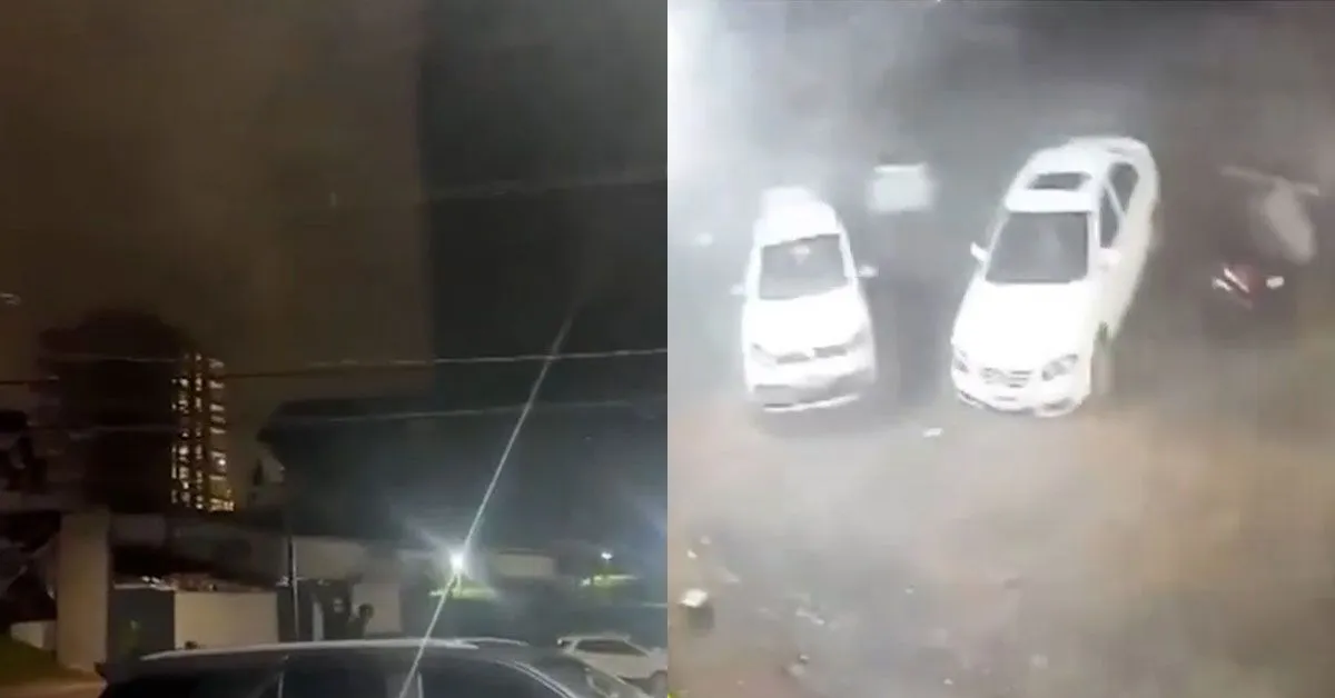 Carro é levantado pela força do vento durante temporal em Francisco Beltrão, no Paraná. Cena foi registrada em uma arena esportiva durante a tempestade.