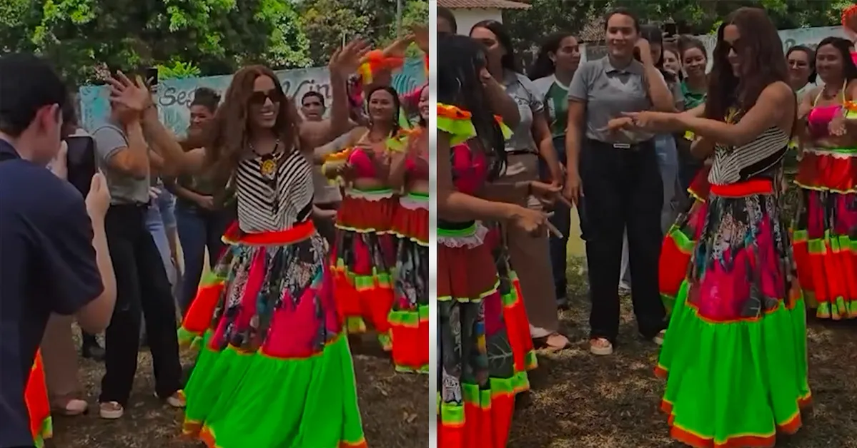 Vestindo uma saia de carimbó, Anitta dançou ao lado de integrantes de um grupo parafolclórico da região