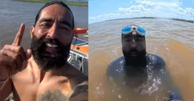 O ativista colombiano Wilber Honório Muñoz, de 45 anos, conhecido como “Homem-Peixe”, nada pelo rio Amazonas com destino a Belém para chamar atenção para a poluição dos rios e a preservação da Amazônia.
