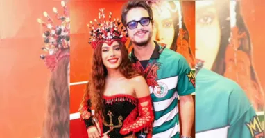 Anitta e Danilo Mesquita posam juntos pela primeira vez durante a coroação da cantora como rainha de bateria da Grande Rio.