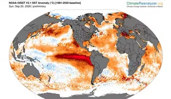 O mapa confirma o aquecimento na faixa do Oceano Pacífico por causa do El Niño