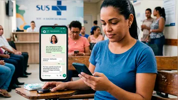 Paciente visualiza notificação de confirmação de atendimento médico pelo SUS no smartphone.