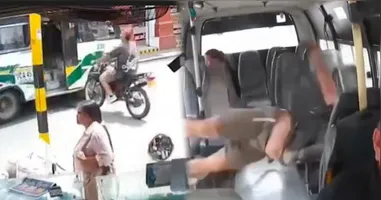 O motociclista se chocou com o ônibus em um cruzamento na Colômbia.