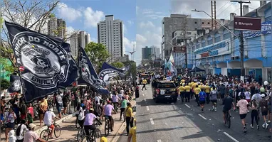 Torcidas do Clube do Remo e do Paysandu fazem bandeiraços em homenagem a Nossa Senhora de Nazaré durante a passagem do traslado do Círio 2026 pelos estádios Baenão e Curuzu, em Belém.