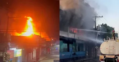 Incêndio de grandes proporções atinge farmácia e loja de tecidos em Marabá, com informações sobre o combate das chamas pelo Corpo de Bombeiros.