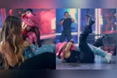 Simone Mendes caiu no palco após receber o abraço de uma fã mirim, mas não se machucou e continuou o show com a criança no colo.