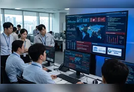 Painel digital exibindo códigos e sistemas de proteção cibernética. Ferramentas de IA generativa vêm sendo utilizadas por criminosos para automatizar a busca por vulnerabilidades em sistemas globais.