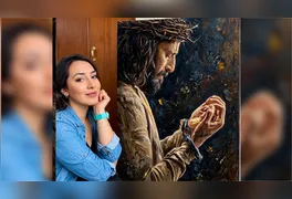 Pintura em acrílico sobre tela (80 x 60 cm) produzida pela artista Dayana Parra Rodríguez, retratando o ator Jonathan Roumie no papel de Jesus em The Chosen.