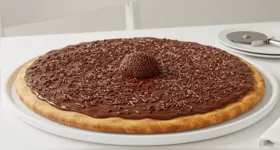 Pizza de brigadeiro combina massa dourada, cobertura cremosa de chocolate, granulado e morangos em uma sobremesa fácil de preparar.