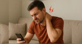 O pescoço de texto pode estar relacionado ao uso prolongado do celular com a cabeça inclinada; pausas e mudanças de posição ajudam a reduzir a sobrecarga.