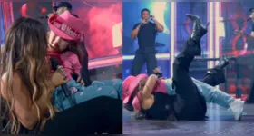 Simone Mendes caiu no palco após receber o abraço de uma fã mirim, mas não se machucou e continuou o show com a criança no colo.