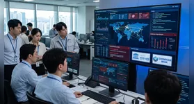Painel digital exibindo códigos e sistemas de proteção cibernética. Ferramentas de IA generativa vêm sendo utilizadas por criminosos para automatizar a busca por vulnerabilidades em sistemas globais.
