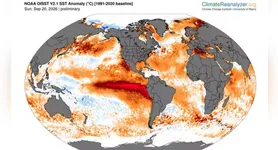 O mapa confirma o aquecimento na faixa do Oceano Pacífico por causa do El Niño