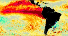 Imagem de satélite mostra extensa faixa de águas acima da temperatura normal no Oceano Pacífico Equatorial, condição associada ao fenômeno El Niño. Diante das projeções para 2026 e 2027, o Governo do Pará declarou alerta climático e ambiental preventivo em todo o Pará.