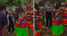 Vestindo uma saia de carimbó, Anitta dançou ao lado de integrantes de um grupo parafolclórico da região